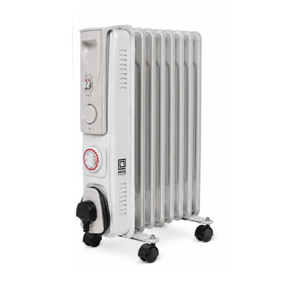 Silver portable oil filled radiator 2kW 9 fin with 24hr timer dial front view showing controls | CMT Group UK