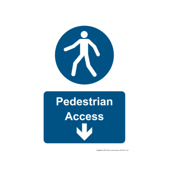 Safety Sign Pedestian Access arrow down A4 - 210x297mm 3mm Correx