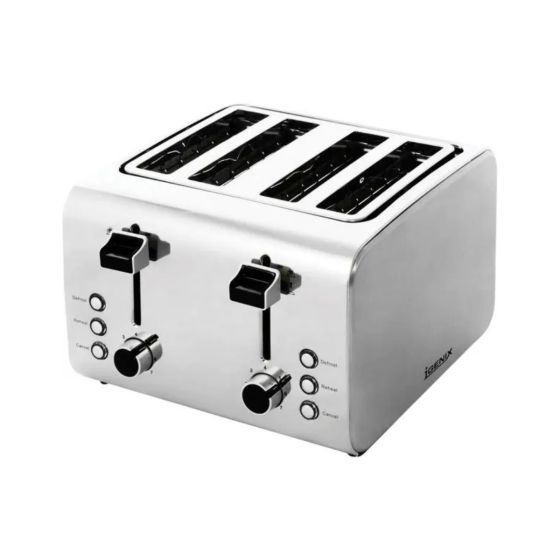 4 slice stainless steel toaster silver brushed finish with defrost reheat controls and browning dials three-quarter view | CMT Group UK