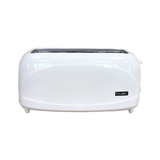 4 slice cool touch toaster white body front view showing long slot and Tolbec branding | CMT Group UK