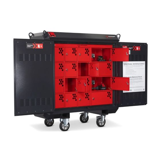 Armorgard Volthub 240V battery charging cabinet doors open showing 16 individual red locker bays with ventilated door panels | CMT Group UK
