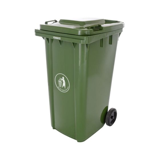 240 litre wheelie bin dark green heavy-duty HDPE two wheels three-quarter view | CMT Group UK