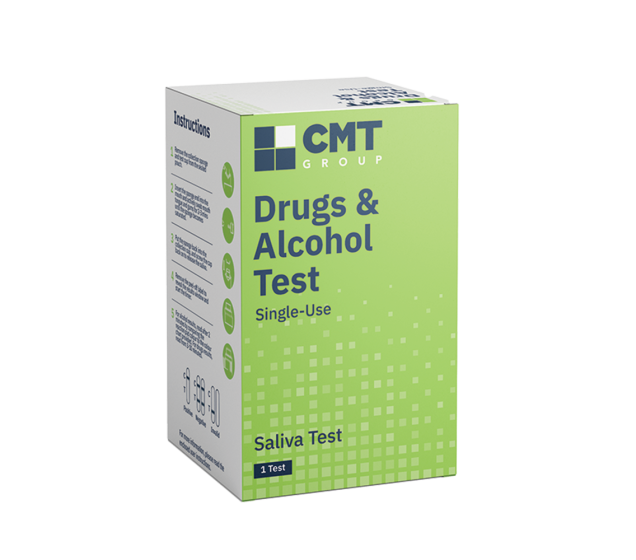 CMT 12-panel rapid saliva drug and alcohol test kit, single-use, HS150001, CE Marked, front of box