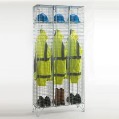 Single Door Folding Wire Mesh Locker – Nest of 3 – 1974x915mm – Ventilated BZP Steel three compartment locker with PPE jackets helmets and boots storage | CMT Group