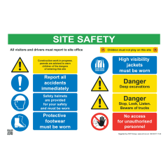 Site Safety Board All Visitors/Construction/Report/Hard Hat/Footwear/Danger/No 420x594mm A2 - 3mm Correx