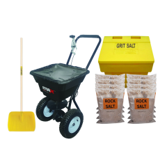 Site Winter Essentials Kit - 250kg Grit Bin, Mobile Salt Spreader, Large Snow Scoop & 8 x 20kg Brown Rock Salt Bags