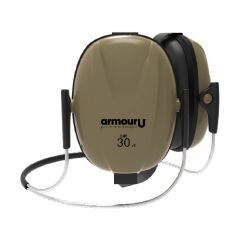 Neckband ear defenders olive green cup front view showing memory foam cushions and neckband arc | CMT Group UK