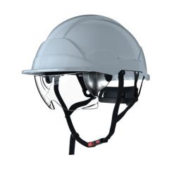 Safety helmet with integrated anti-fog goggle unvented ABS white side view goggle stowed | CMT Group UK