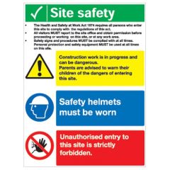 Site Safety Board - Construction Work/Safety Helmets/Unauthorised Entry Forbidden A2 - PVC