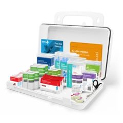 British Standard large workplace first aid kit 189pcs all contents laid out in front of green case | CMT Group UK