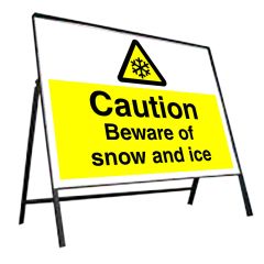 Metal Frame Road Sign - 600x450mm (Yellow Plate) - Printed: Caution Beware of snow and ice