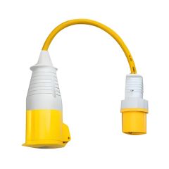 110V fly lead 0.5m yellow cable 32A coupler female left 16A plug male right white background | CMT Group UK