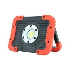 MAX rechargeable LED spotlight work light orange ABS rubber body fold-out stand front view | CMT Group UK