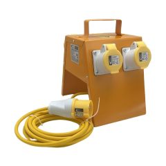 110V 4 way splitter box side angle view yellow powder coated steel housing A-frame stand | CMT Group UK