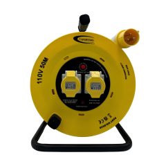 50m 110V cable reel yellow drum two 16A IEC 60309 sockets thermal cutout neon indicator front view | CMT Group UK