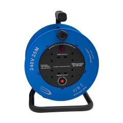 25m cable reel 240V blue drum four 13A sockets thermal cutout neon indicator front view | CMT Group UK
