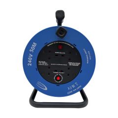 50m cable reel 240V blue drum four 13A sockets thermal cutout neon indicator front view | CMT Group UK