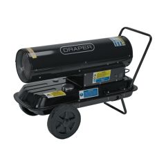 Draper 230V diesel and kerosene space heater 20kW direct-fired black powder coat front three-quarter view | CMT Group UK
