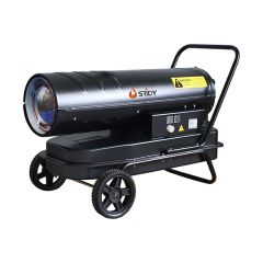 Diesel and kerosene space heater 30kW direct-fired black steel body front three-quarter view with transport handle | CMT Group UK