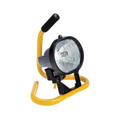 Defender 110V halogen site floodlight 400W 8400lm on yellow steel floor stand with rubber handle front view | CMT Group UK