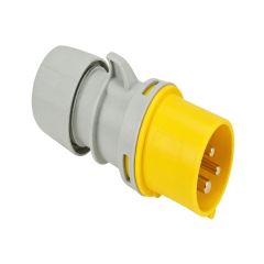110V 16A IEC 60309 plug yellow male connector 2P+E solid pins visible angled view | CMT Group UK