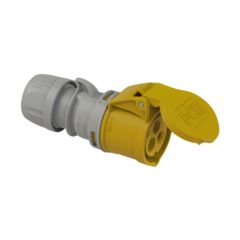 110V 16A IEC 60309 socket yellow female connector 2P+E site coupler angled view | CMT Group UK