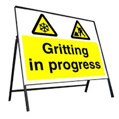 Metal Frame Road Sign - 600x450mm (Yellow Plate) - Printed: Gritting in progress