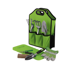 Expert 11-piece aluminium garden tool set with green storage bag|kneeling pad, hand tools, flower snips, jute string and gardening gloves.