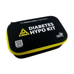 DSO Site Diabetes Hypo Kit - 3 x 60ml Glucose Shots and Training  closed black case with yellow zip and QR code panel | CMT Group UK