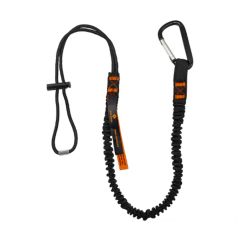 Polyester bungee tool lanyard black adjustable loop end spring lock carabiner full length front view | CMT Group UK