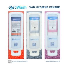 MedWash Van Hygiene Centre three-dispenser compact station front view showing Sanitise Protect Moisturise layout | CMT Group UK