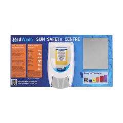 MedWash Sun Safety Centre wall-mounted station showing dispenser mirror and UV chart | CMT Group UK
