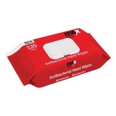 MAX Antibacterial Hand Wipes 120-pack in red resealable pouch, alcohol-free and paraben-free chlorhexidine formula, exclusive to CMT Group