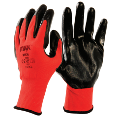 MAX MXN Red/Black Smooth Nitrile Assembly Gloves (Oil Resistant) showing smooth nitrile palm for grip| CMT Group UK