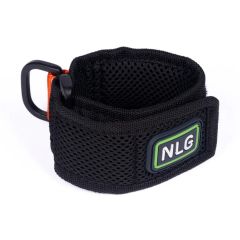NLG adjustable wristband black non-conductive wristband with orange D-ring attachment and NLG badge angled view | CMT Group UK