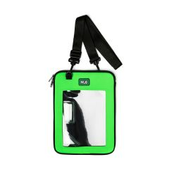 NLG tablet case front view lime green neoprene clear touchscreen panel zipper and adjustable shoulder strap | CMT Group UK