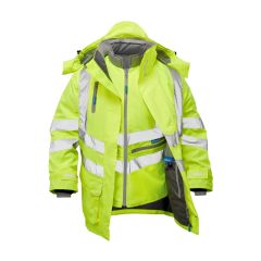 Pulsar Protect P487 7-in-1 hi-vis yellow storm coat open showing body warmer inside interactive zip system | CMT Group UK