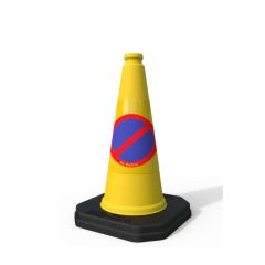 No waiting traffic cone one-piece yellow 460mm with circular blue and red no waiting symbol sleeve full view | CMT Group UK
