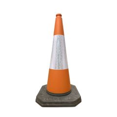 750mm one-piece orange road traffic cone with white reflective sleeve full view | CMT Group UK