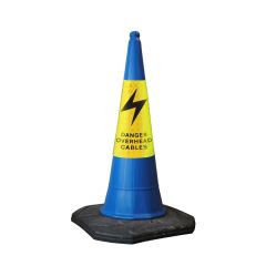 750mm two-piece blue road traffic cone with yellow Danger Overhead Cables warning sleeve and lightning bolt | CMT Group UK