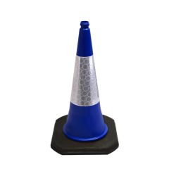 750mm two-piece blue road traffic cone with white prismatic reflective sleeve full view | CMT Group UK