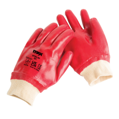 MAX red PVC knit wrist work glove with cotton lining for industrial handling and EN388 4121X use