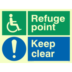 PVC Photoluminescent Sign - 200mm x 150mm - Refuge point keep clear - disability safety sign