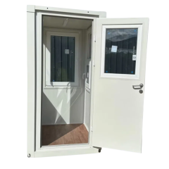 Insulated steel security guard cabin exterior view showing sliding and fixed windows | CMT Group UK