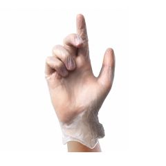 Clear vinyl powdered disposable gloves single glove front view showing smooth finish and clear material | CMT Group UK