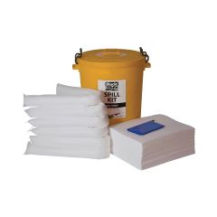 90 litre oil-only spill kit yellow plastic drum with clip lid showing absorbent pads socks and hazard bags | CMT Group UK