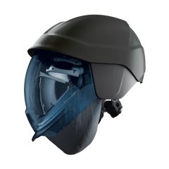 Arc flash safety helmet side angle integrated polycarbonate visor fully deployed covering face | CMT Group UK