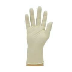 White latex powdered disposable glove close-up showing smooth natural rubber latex finish and light powder coating | CMT Group UK