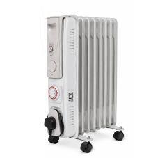 Silver portable oil filled radiator 2kW 9 fin with 24hr timer dial front view showing controls | CMT Group UK