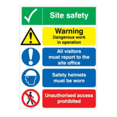 Site Safety Board - Construction Work/Safety Helmets/Unauthorised Entry Forbidden 297x420mm A3 - 3mm Correx